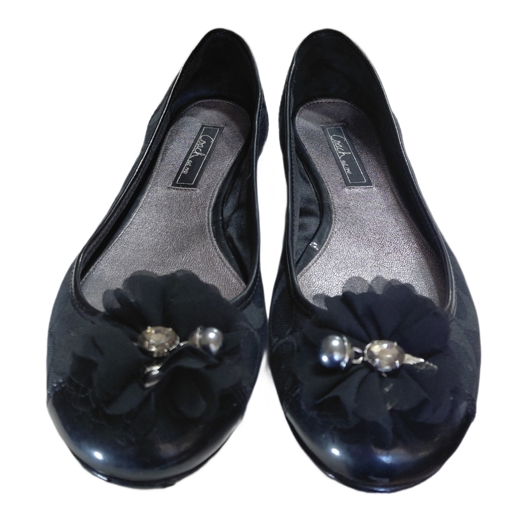 Coach Poppy Black Jacquard Flats with Floral Rhinestone Detail Size 9.5 - Picture 2 of 11